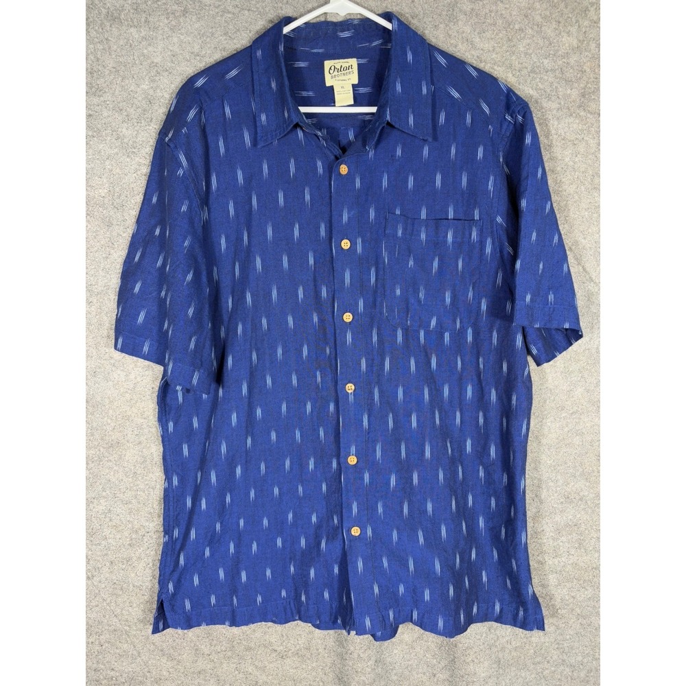 Orton Brothers Mens XL Blue Ikat Dash Cotton Short Sleeve Button Down Shirt 8602